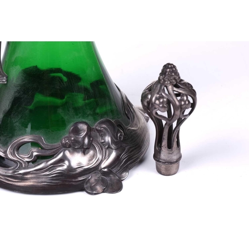 212 - Albert Mayer for WMF, a pewter mounted green glass claret jug / ewer, c.1900, of inverted tapering f... 