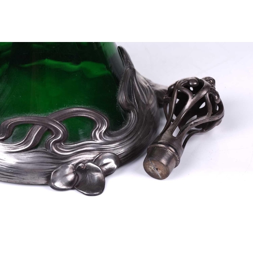 212 - Albert Mayer for WMF, a pewter mounted green glass claret jug / ewer, c.1900, of inverted tapering f... 