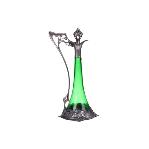 212 - Albert Mayer for WMF, a pewter mounted green glass claret jug / ewer, c.1900, of inverted tapering f... 