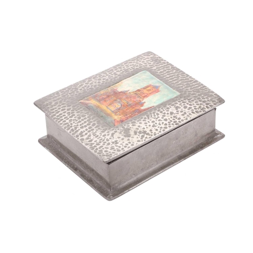 215 - A Liberty & Co (?) model 083 hammered pewter and hard enamel table box, the hinged cover set with a ... 