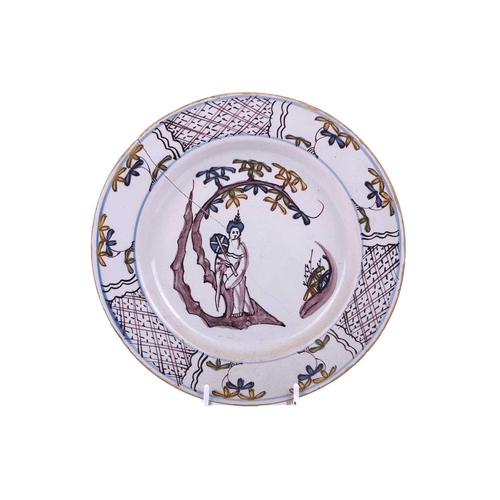 225 - A group of five various English delft polychrome plates, including a Bristol example, circa 1735 dec... 