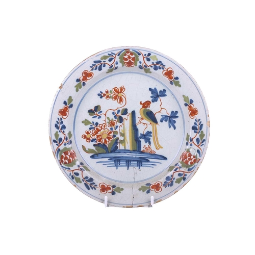 225 - A group of five various English delft polychrome plates, including a Bristol example, circa 1735 dec... 