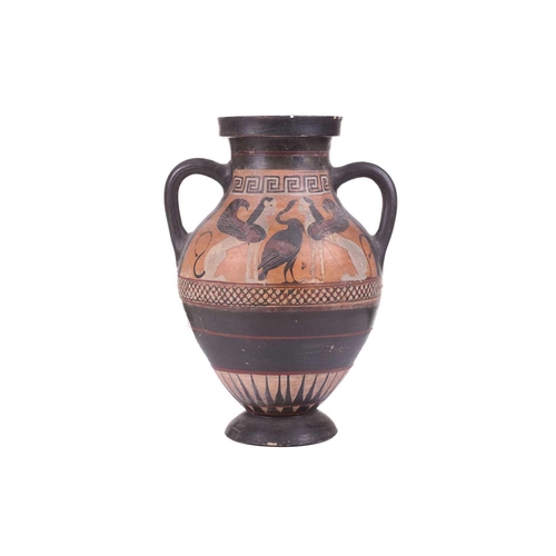 227 - An attic-style black-figured amphora, 5th century BC and later, one side of the body decorated with ... 