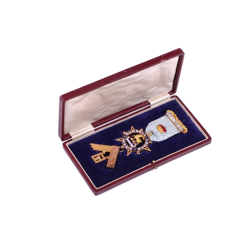 268 - A 9ct gold Masonic Past Master's Jewel for the Russell Lodge No. 4413, with enamelled badge and bar,... 