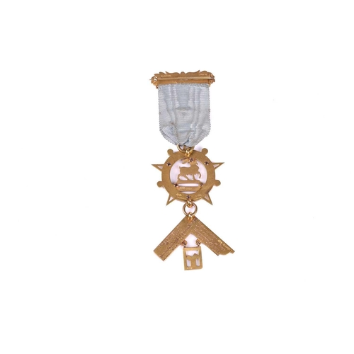 268 - A 9ct gold Masonic Past Master's Jewel for the Russell Lodge No. 4413, with enamelled badge and bar,... 