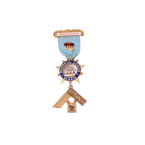 268 - A 9ct gold Masonic Past Master's Jewel for the Russell Lodge No. 4413, with enamelled badge and bar,... 