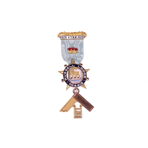 268 - A 9ct gold Masonic Past Master's Jewel for the Russell Lodge No. 4413, with enamelled badge and bar,... 