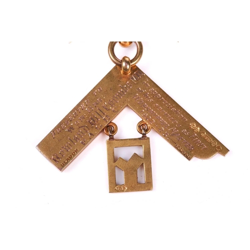 268 - A 9ct gold Masonic Past Master's Jewel for the Russell Lodge No. 4413, with enamelled badge and bar,... 