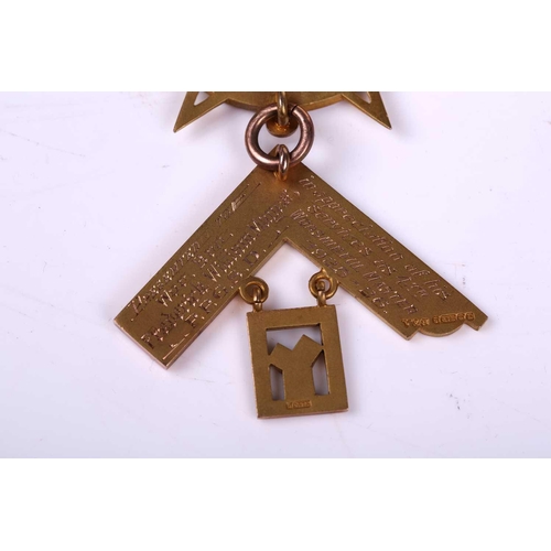 268 - A 9ct gold Masonic Past Master's Jewel for the Russell Lodge No. 4413, with enamelled badge and bar,... 