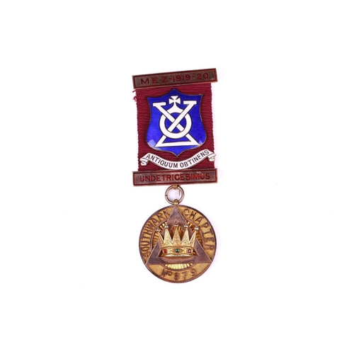 269 - An 18ct gold Masonic Past Masters jewel for the Southwark Lodge No. 879, with enamelled lodge badge,... 