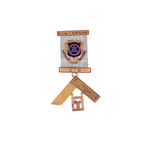 269 - An 18ct gold Masonic Past Masters jewel for the Southwark Lodge No. 879, with enamelled lodge badge,... 