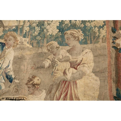 297 - A large 18th-century hand-woven Flemish tapestry panel, depicting a pastoral scene with adults and c... 