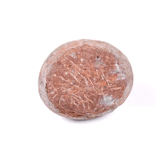 298 - A fossilised dinosaur egg, in a red stone base, 14 cm total height, 15 cm wide