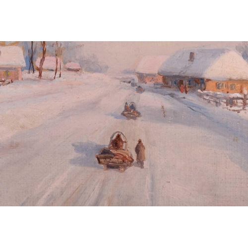 32 - Fedor Vassilievich Belousov (1885 - 1939), A Winter Village Scene, signed and dated 1906, oil on boa... 