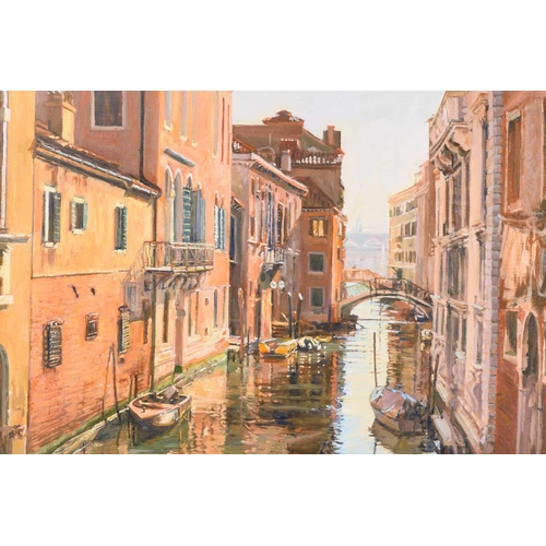 37 - † Margaret Glass (b.1950), Venetian Canal, initialled, oil on board, 54 x 74 cm, framed, frame 75.5 ... 