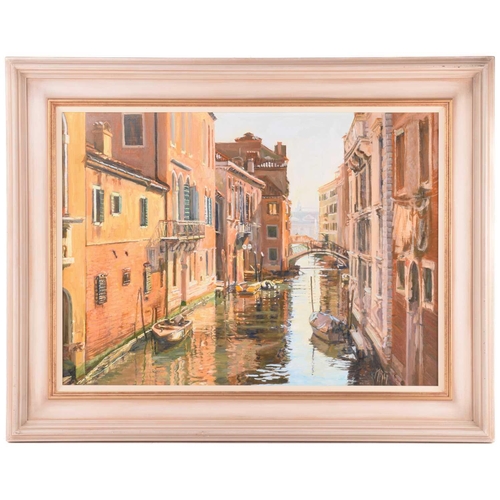 37 - † Margaret Glass (b.1950), Venetian Canal, initialled, oil on board, 54 x 74 cm, framed, frame 75.5 ... 