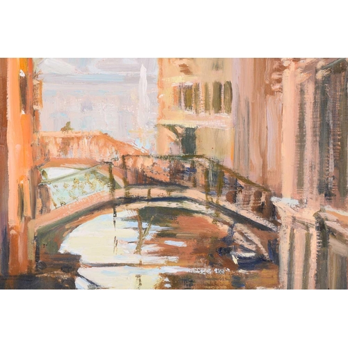 37 - † Margaret Glass (b.1950), Venetian Canal, initialled, oil on board, 54 x 74 cm, framed, frame 75.5 ... 