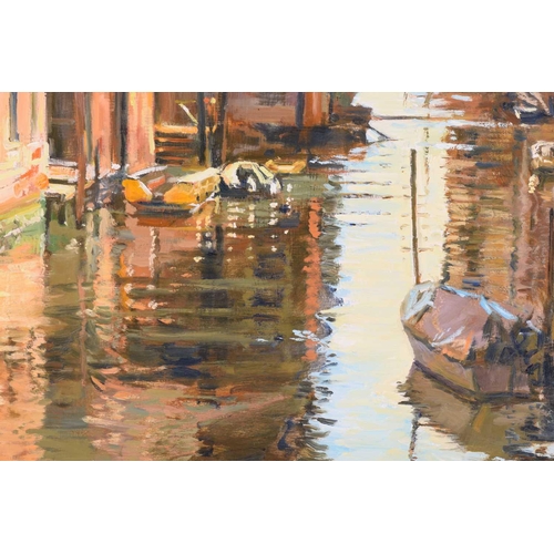 37 - † Margaret Glass (b.1950), Venetian Canal, initialled, oil on board, 54 x 74 cm, framed, frame 75.5 ... 