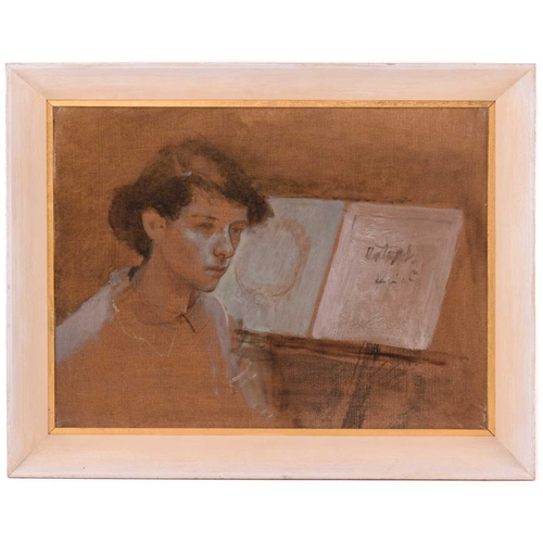 41 - † John Stanton Ward (1917 - 2007), Figure by a folio, unsigned, oil on canvas, framed, 30.5 x 40.5cm