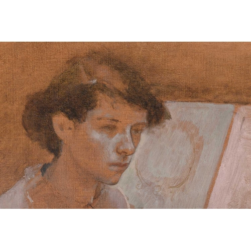 41 - † John Stanton Ward (1917 - 2007), Figure by a folio, unsigned, oil on canvas, framed, 30.5 x 40.5cm