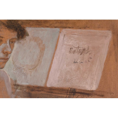 41 - † John Stanton Ward (1917 - 2007), Figure by a folio, unsigned, oil on canvas, framed, 30.5 x 40.5cm