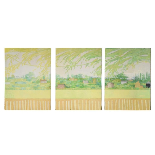 43 - † Roger de Grey (1918-1995), Triptych landscape with houses, unsigned, oil on three boards, 165 x 36... 