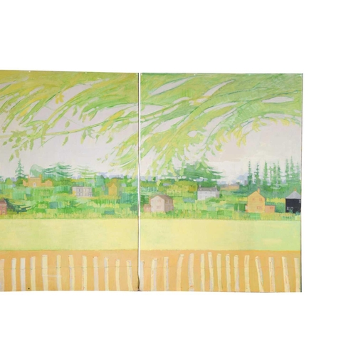 43 - † Roger de Grey (1918-1995), Triptych landscape with houses, unsigned, oil on three boards, 165 x 36... 