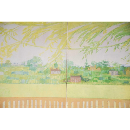 43 - † Roger de Grey (1918-1995), Triptych landscape with houses, unsigned, oil on three boards, 165 x 36... 