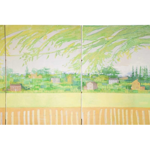 43 - † Roger de Grey (1918-1995), Triptych landscape with houses, unsigned, oil on three boards, 165 x 36... 