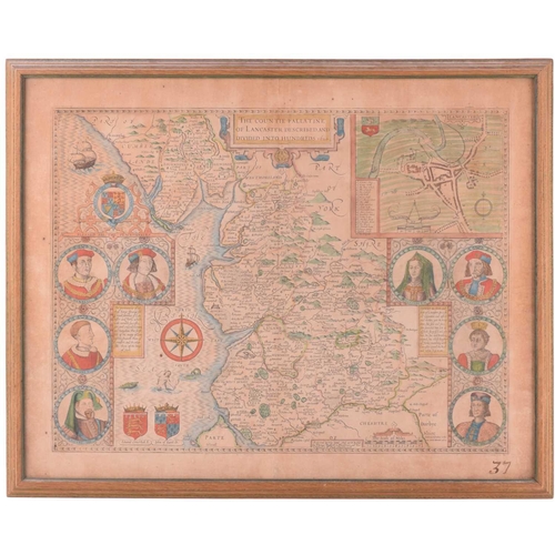 63 - After John Speed, 'The Countie Palatine of Lancaster Described and Divided into Hundreds 1610', engr... 