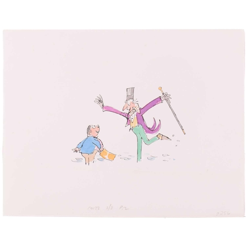 67 - † Quentin Blake (b.1932), Willy Wonka and Augustus Gloop holding a Golden Ticket, unsigned, inscribe... 