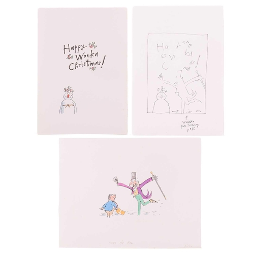 67 - † Quentin Blake (b.1932), Willy Wonka and Augustus Gloop holding a Golden Ticket, unsigned, inscribe... 