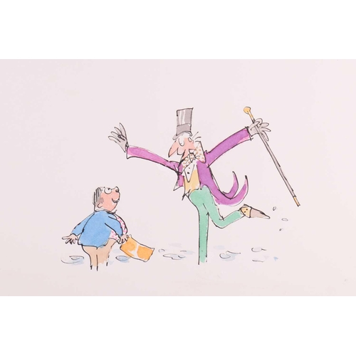 67 - † Quentin Blake (b.1932), Willy Wonka and Augustus Gloop holding a Golden Ticket, unsigned, inscribe... 