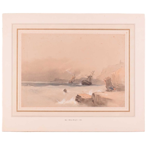 74 - Attributed to Henry Bright (1810-1873), figures on a rocky coast, watching ships in heavy seas, wate... 