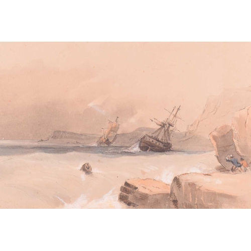 74 - Attributed to Henry Bright (1810-1873), figures on a rocky coast, watching ships in heavy seas, wate... 