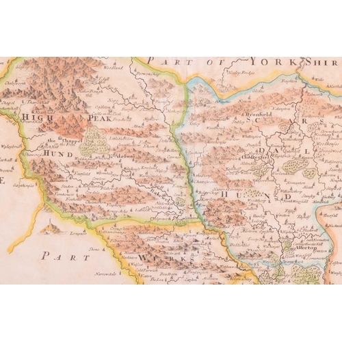 84 - Robert Morden (c.1650-1703) a hand-tinted engraved map of 'Darbyshire', 36 cm x 42 cm, together with... 