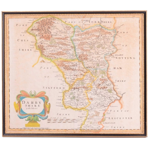 84 - Robert Morden (c.1650-1703) a hand-tinted engraved map of 'Darbyshire', 36 cm x 42 cm, together with... 