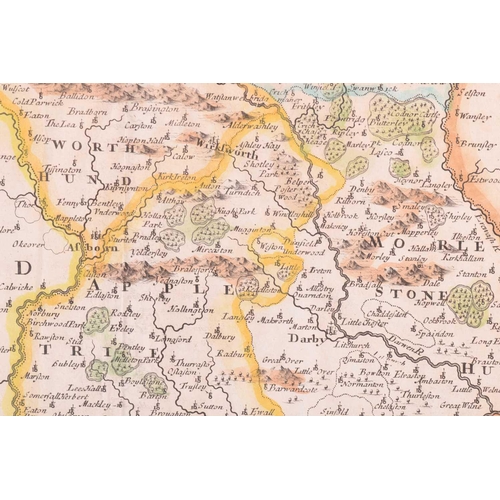 84 - Robert Morden (c.1650-1703) a hand-tinted engraved map of 'Darbyshire', 36 cm x 42 cm, together with... 