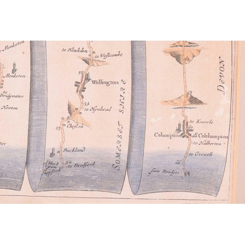 85 - John Ogilby (1600-1676), two coloured strip road maps, 'Bristol to Worcester' and 'Bristol to Exeter... 