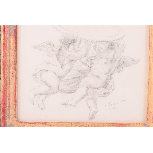 96 - Adolphe Varin (1821 - 1897) Two cherubs holding a shield, signed and dated 1866, pencil drawing, 11 ... 