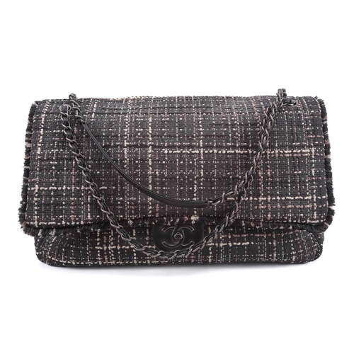 46 - Chanel - XXL Travel jumbo classic flap bag in tweed with black caviar leather trims, from the S/S 20... 