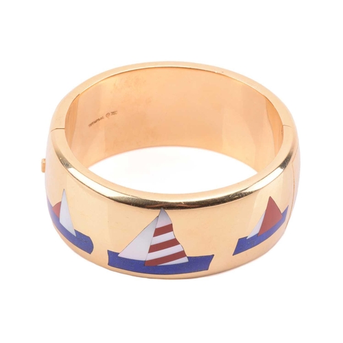 1 - Tiffany & Co. - a 'Sailboats' hinged bangle designed by Angela Cummings, inlaid with lapis lazuli, m... 