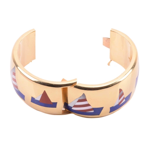 1 - Tiffany & Co. - a 'Sailboats' hinged bangle designed by Angela Cummings, inlaid with lapis lazuli, m... 