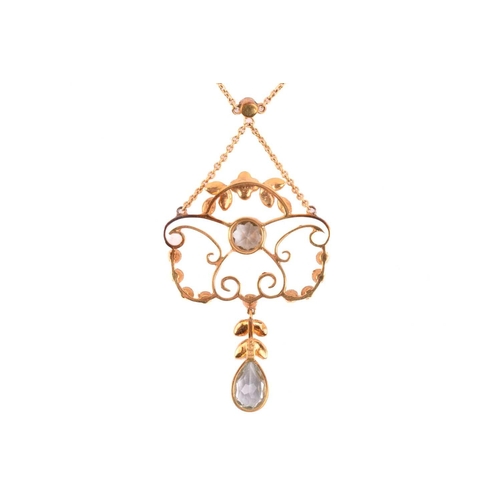 119 - An Edwardian aquamarine and seed pearl lavaliere necklace, set with a round aquamarine measuring 5.4... 