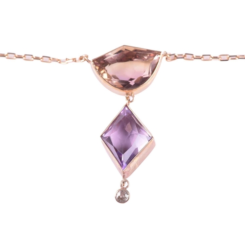 121 - A citrine, amethyst and diamond pendant necklace, set with a fancy cut ametrine and a kite shape ame... 