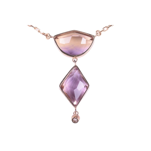 121 - A citrine, amethyst and diamond pendant necklace, set with a fancy cut ametrine and a kite shape ame... 