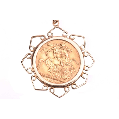 126 - A gold sovereign pendant necklace, the pendant set with a 1914 George V full sovereign, with a 9ct g... 