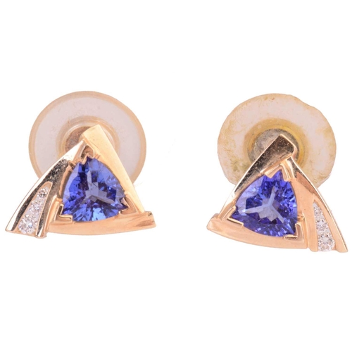 144 - Three pairs of gem-set earrings; to include a pair of tanzanite and diamond earrings in 14ct yellow ... 