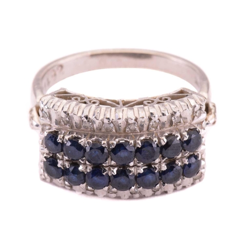 157 - A sapphire and diamond four-row half hoop ring, set with two rows of circular-cut sapphires with an ... 