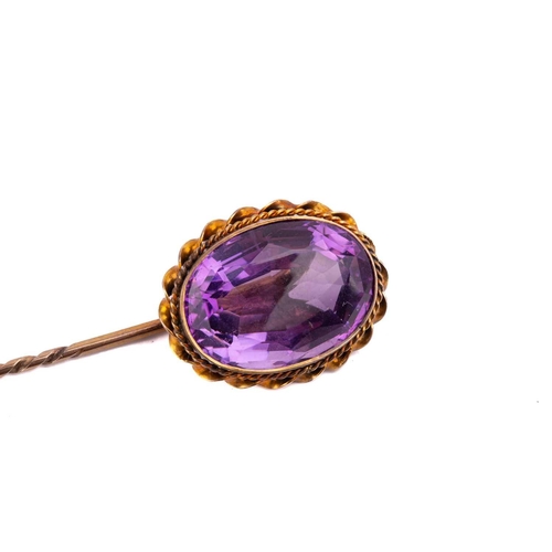 161 - An amethyst stick pin, the amethyst measuring 20mm x 14.8mm, a diamond bar brooch, set with an old c... 